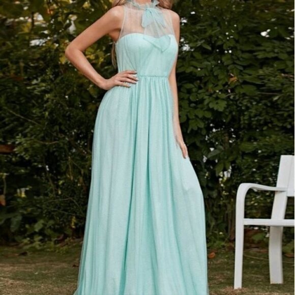 MINT BLUE RUFFLE SHEER STAND COLLAR PREMIUM BRAND AND QUALITY SPECIAL EV… - Picture 5 of 9